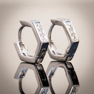 Men's Iced Sterling Silver Small Cz Hoop Huggie Clip Earrings - Picture 1 of 4