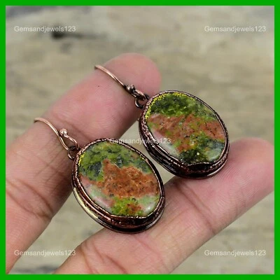 Brincos de gancho pendente oval coração chakra pedra unakite irmã cobre eletroformado - Imagem 1 de 4