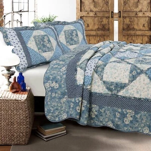Moyers Blue Real Patchwork 100%Cotton 3-Piece Quilt Set, Bedspread, Coverlet - Picture 1 of 6