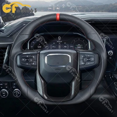 Volante completo de cuero con calefacción para GMC SIERRA 1500 2022-2025 puntada roja Foto 1 de 4