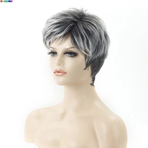 Women's Fashion Short Ombre Silver Grey Curly Hair Synthetic Wig Mommy Daily Use - Picture 1 of 7