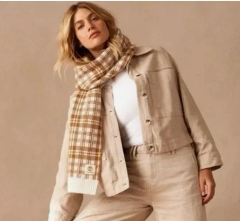 Timberland Scarf Wheat Buffalo Plaid Knit One Size 64 In In Ribbed Trim