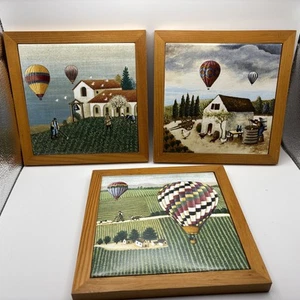 Framed Art Tile Lowell Herrero Vintage 1984 Vandor Lot 3 Farm Hot Air Balloons - Picture 1 of 16