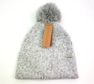 Steve Madden Damen Einheitsgröße meliert grau Strick Bündchen Bommel weich Beanie Mütze - Bild 1 von 7
