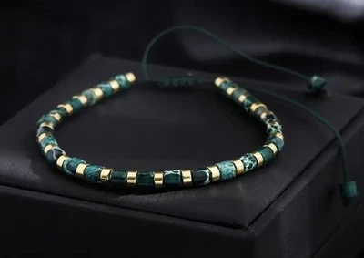 ✅ Edelstein Armband Achat Grün Natur Stein Gold Perlen Boho Unisex Verstellbar ✅ - Bild 1 von 4