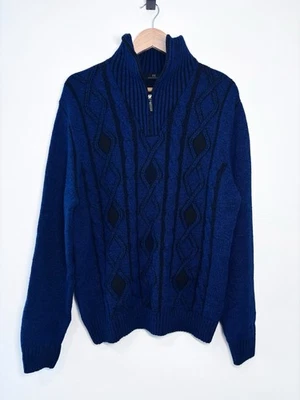 Montechiaro Blue Black Italian Virgin Wool Blend Cable Knit 1/4 Zip Sweater 52 - Image 1 of 4