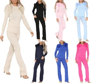 Womens Ruffle Frill Shoulder Ribbed Top & Trouser 2 Piece Co Ord Set Tracksuit - Picture 1 of 28