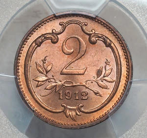 1912, Austria, Francis Joseph I. Bronze 2 Heller Coin. Low Pop 3/2! PCGS MS-65! - Picture 1 of 3
