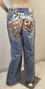 Pantalones de mezclilla holgados para mujer Ed Hardy talla 30 tatuaje tigre pez tímido nuevos con etiquetas - Imagen 1 de 10