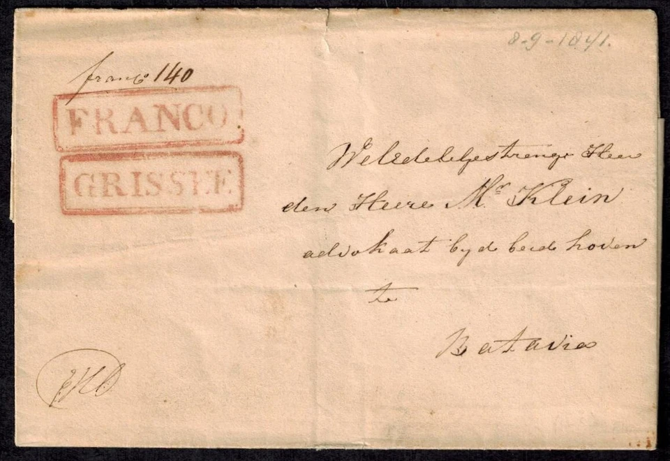 Dutch East Indies Pre Stamp 1841 Full Cover w/ GRISSEE & FRANCO Boxed Red - Image 1 of 4