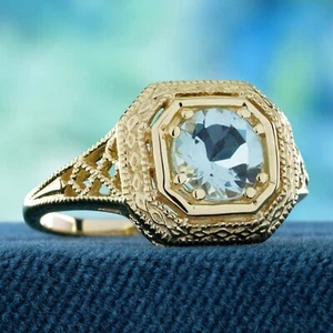 9K Yellow Gold Natural 0.70 ct.  Aquamarine Vintage Style Filigree Ring - Picture 1 of 8