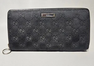 GUCCI Gucci Black GG Canvas Leather Round Zippy Long Wallet 307980 Unisex Auth - Picture 1 of 14