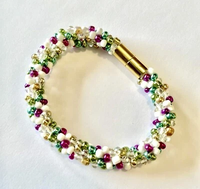 Jewelry Bracelet Multi Color Seed Beads And Crystals Magnetic Clasp Handcrafted - Image 1 of 4