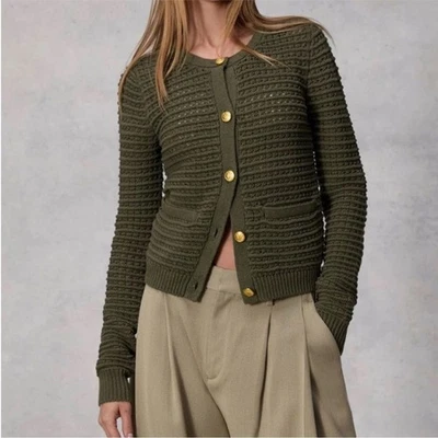 Rag & Bone Marlee Gold Button Long Sleeve Olive Green Cotton Cardigan Sweater - Image 1 of 4