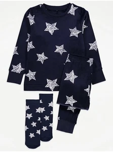 BNWT George Boys Navy Star Long Sleeve Fleece Pyjamas & Socks Set: 7-8 Years - Picture 1 of 3