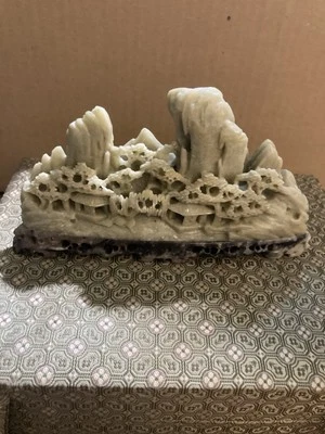 Chinese Hand Carved Soapstone Moutainscape Pine Trees & Temple - Decorative Box - Image 1 of 4