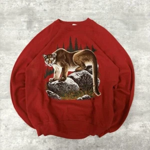 Vintage 80s Jerzees Animal Graphic Print Bobcat Crewneck Sweatshirt Size Large - Picture 1 of 4