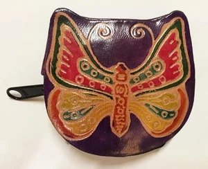 Shantiniketan Hippie Bohemian India Painted Leather Butterfly Coin Purse Purple - Picture 1 of 1