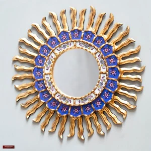 Peruvian Sunburst Mirror 17.7" Round Wall Decor Handmade Gold Blue Glass Art - Picture 1 of 8