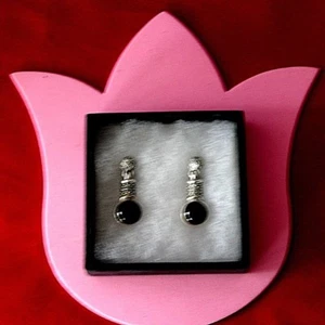 SUPERB 925 SILVER EARRINGS WITH MARCASITE &ONYX 8.6 GR.3.3 CM. LONG IN GIFT BOX - Picture 1 of 1
