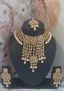 Elegant Indian Lct Gold Bronze Wedding Jewellery Necklace Earrings Tikka Set - Picture 1 of 2