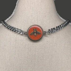 Authentic Vintage Gucci Bee Button/charm On Handmade Necklace Chunky Mixed Metal - Picture 1 of 10