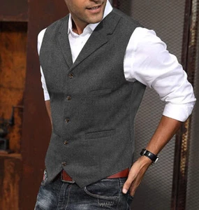 Mens Tweed Vest Vintage Western Cowboy Wool Herringbone Vests M Large XL XXL 3XL - Picture 1 of 12