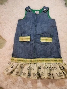 Vtg Hush Puppies Girls Denim Dress Sz 5 John Deere Trim Applied Country Farm - Picture 1 of 8