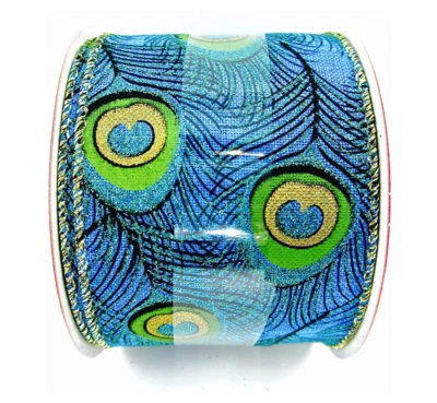 Peacock Ribbon,Turquoise,Gold,Glitter accents,Wire Edge,2.5"x 25ft.Jo-ann's - Image 1 of 2