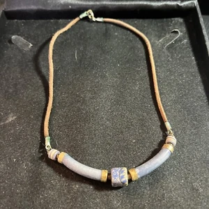 Glass Beads On Leather Cord Blues 3-22 - Picture 1 of 4