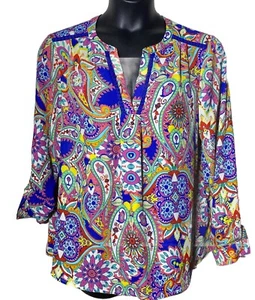 Sharagano Bright Colorful Size XL Crochet Insets Patchwork Print Blouse Career - Picture 1 of 13