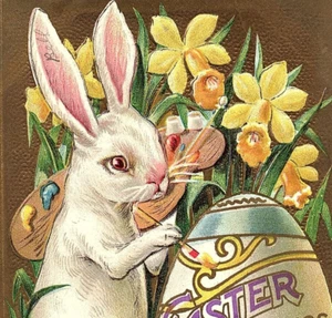 c.1910 Anthropomorphic Easter Bunny Painting Giant Egg Postcard Artist Palette - Picture 1 of 3