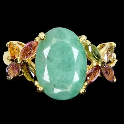 925 Sterling Silver Ring Oval Emerald 12x9mm Tourmaline Gemstone Jewelry Size 9 - Image 1 of 4