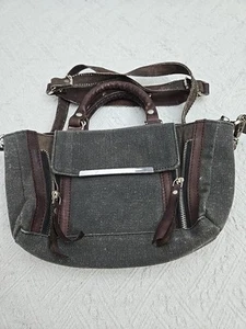 Mona B Gray/Brown Leather Canvas Crossbody Purse Bag Distressed Areas - Picture 1 of 14