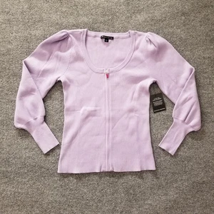 New Boston Proper Women Cardigan Sweater Large Lavender Ribbed Zip Up Stretch - Picture 1 of 15