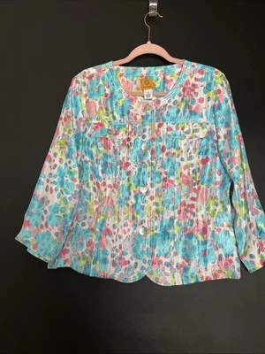 RUBY RD Lightweight Jacket Sz 12 Blue/Pink Abstract 3/4 sleeve button collarless - Image 1 of 4