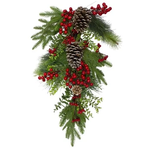 Northlight 26inch Berry Snowy Pinecones Artificial Teardrop Christmas Swag Unlit - Picture 1 of 4