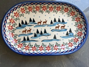 Boleslawiec Unikat Polish Pottery Tray Oval Platter Signed Christmas Deer Trees - Picture 1 of 11