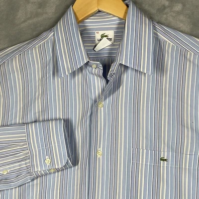 Camisa masculina listrada manga longa com botões azul branca formal tamanho 42 L Lacoste - Imagem 1 de 4