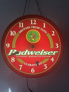 BUDWEISER BEER LIGHTED CLOCK-SIGN-AMERICAN EAGLE-BREWERY FRESH TASTE - Picture 1 of 4