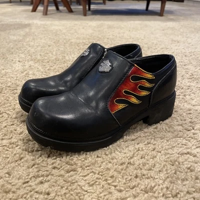 Винтажные женские коренастые туфли 90-х Harley Davidson FLAME Mules размер 6 США на молнии - Изображение 1 из 4