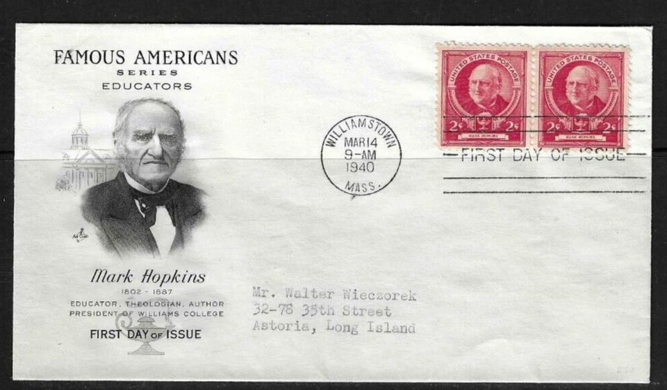 USA SC # 870 Mark Hopkins FDC . Artcraft Cachet - Image 1 of 1