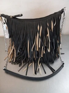 Diamant Herz Kunstleder schwarz Fransen Biker Handtasche Kette - Bild 1 von 8