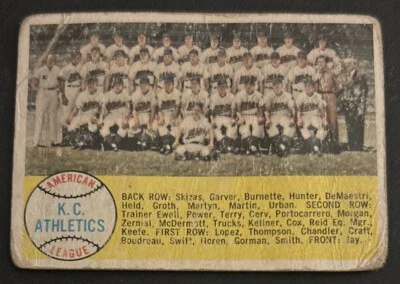 1958 Topps Athletics Team Card #174 Billy Martin Vic Power Hal Smith B Hunter PR - Image 1 of 2