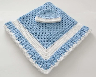 Blue w/White Soft Cuddly Crocheted Washable Baby Blanket &Bonus Hat Gift 35x35 - Image 1 of 4