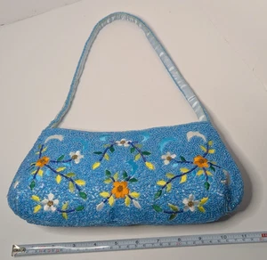 Borsa da sera 11" blu chiaro con perline floreale pochette chiusura zip - Foto 1 di 15