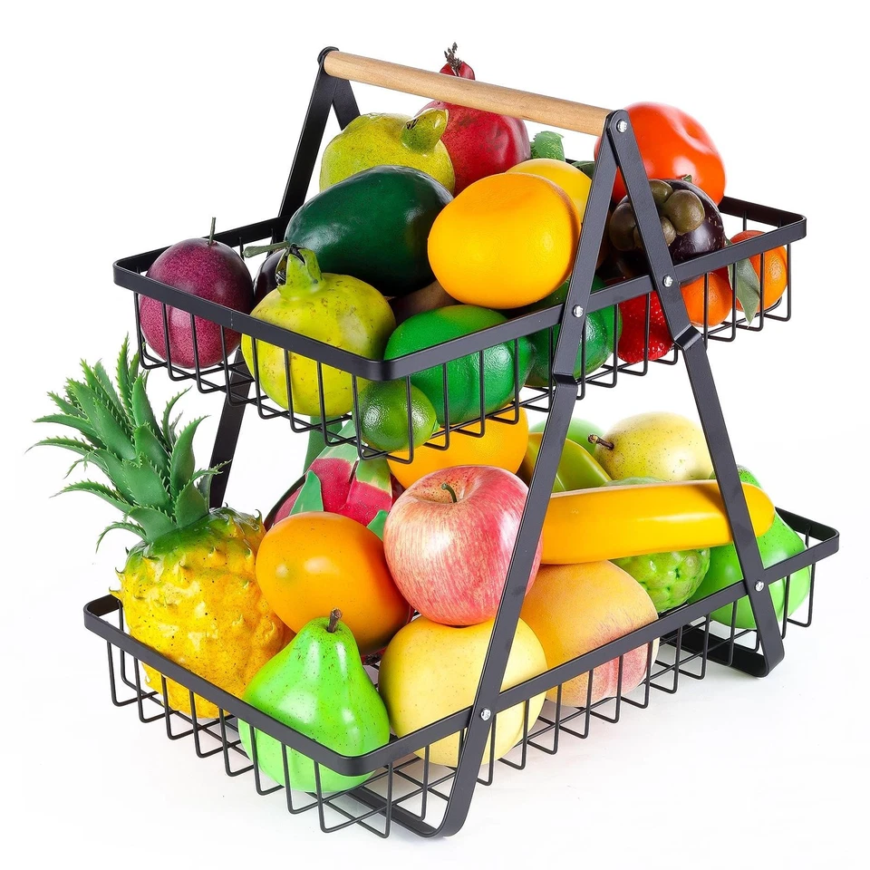 2 Tier Metal Kitchen Countertop Organizer, Fruit And Vegetable Basket - Image 1 of 4