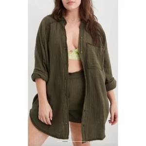 Aerie Gauzy Coverup Olive Green Long Sleeve Shirt Size Large - Picture 1 of 5