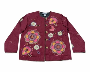 Vtg Indigo Moon Womens Jacket Embroidered Artsy Floral Eclectic Boho L Maroon - Picture 1 of 8