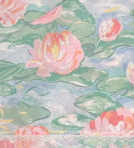 Vintage MARTEX doppio lenzuolo piatto Claude Monet Atelier ninfee bordo pizzo USA - Foto 1 di 4